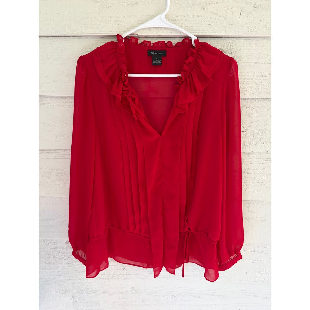 Spense Red Sheer Ruffle Blouse Size Medium Romantic Long Sleeve Tie Front Top - Picture 2 of 7